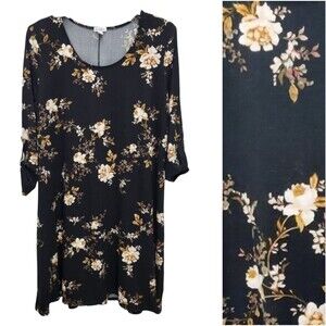 Love Fire Shift Dress Womens XL Black Cream Floral Roll Tab Sleeves Scoop Neck
